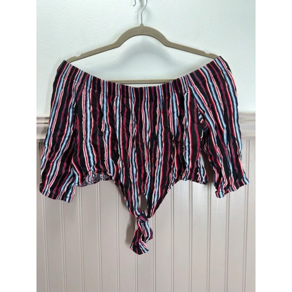 Ambiance Striped Off-the-Shoulder Tie-Front Crop Top Size L. #0242